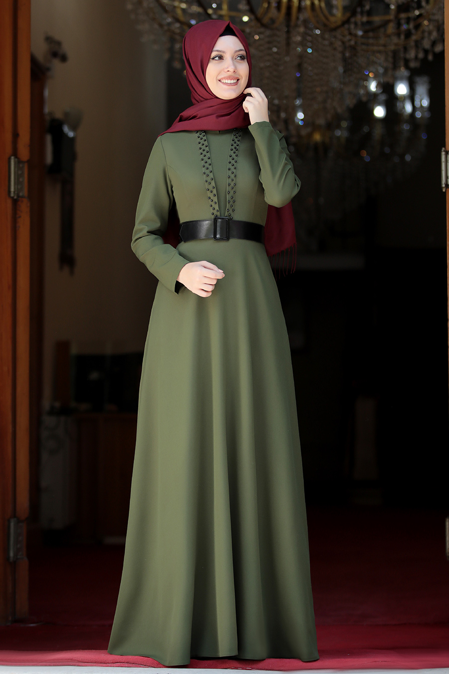 PEARL DETAILED KHAKI DRESS